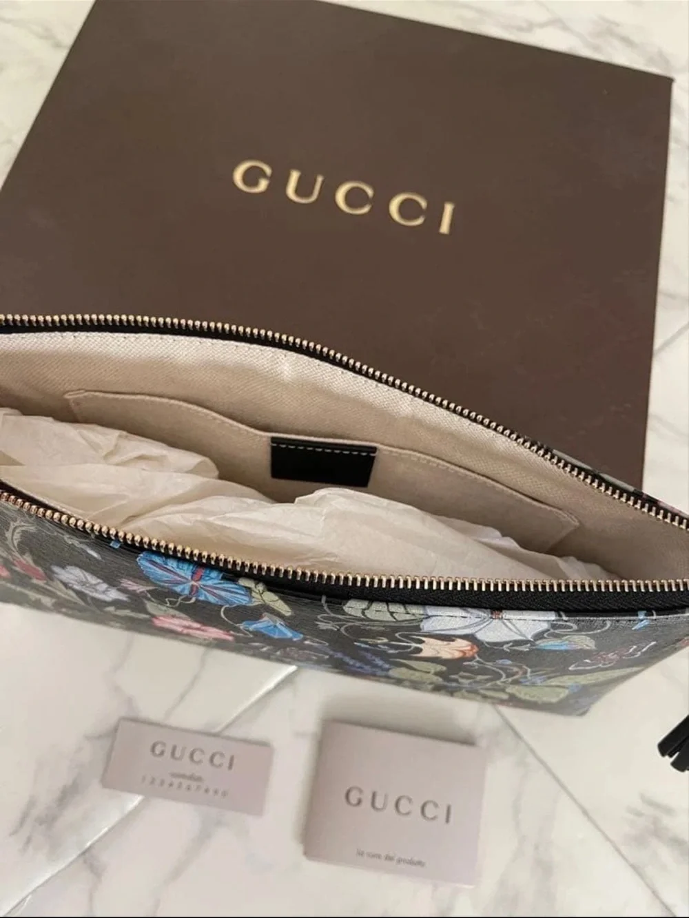 Gucci Black Floral Zip Clutch